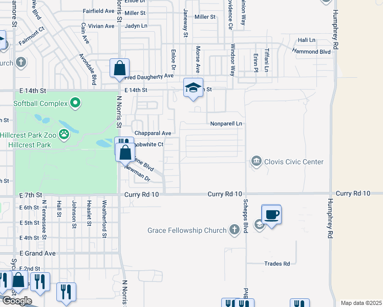 map of restaurants, bars, coffee shops, grocery stores, and more near 504 Almond Tree Lane in Clovis