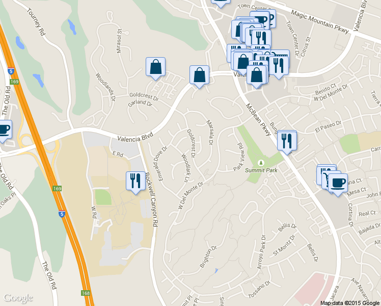 map of restaurants, bars, coffee shops, grocery stores, and more near 24456 Mockingbird Court in Santa Clarita