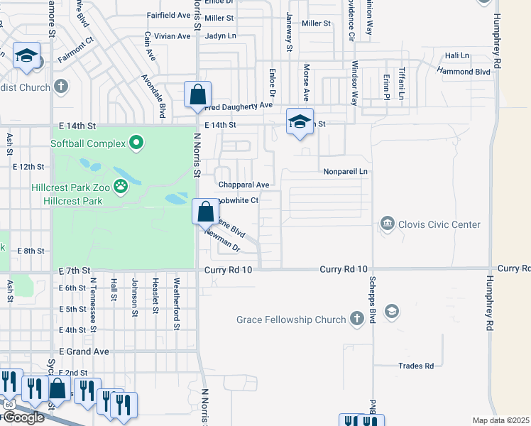 map of restaurants, bars, coffee shops, grocery stores, and more near 2313 Bluebird Place in Clovis