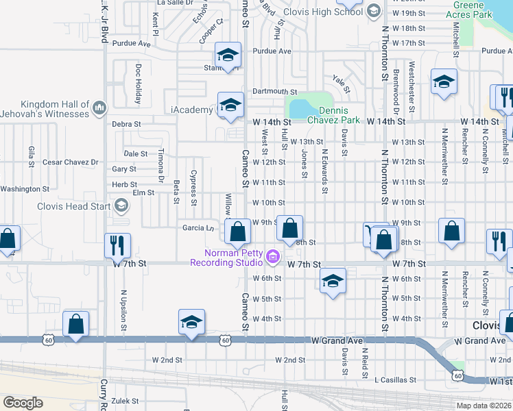 map of restaurants, bars, coffee shops, grocery stores, and more near 1421 West 10th Street in Clovis
