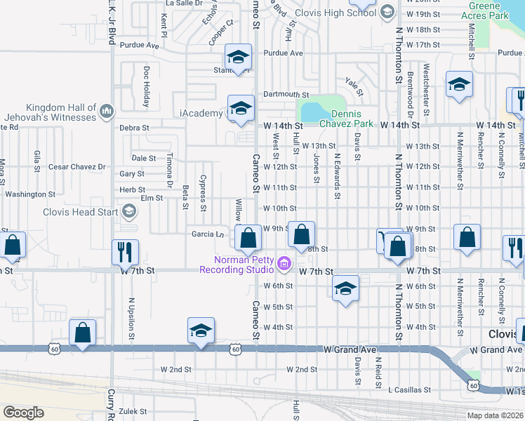 map of restaurants, bars, coffee shops, grocery stores, and more near 1421 West 10th Street in Clovis