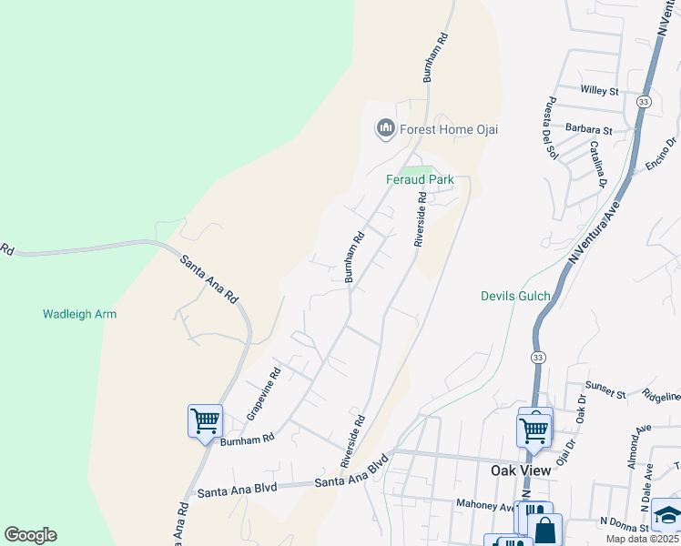 map of restaurants, bars, coffee shops, grocery stores, and more near 401 Burnham Road in Oak View
