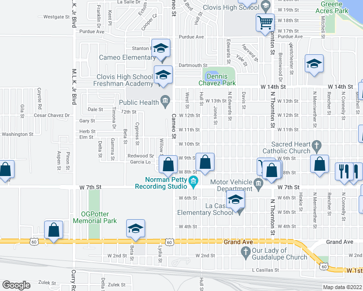 map of restaurants, bars, coffee shops, grocery stores, and more near 1413 West 10th Street in Clovis