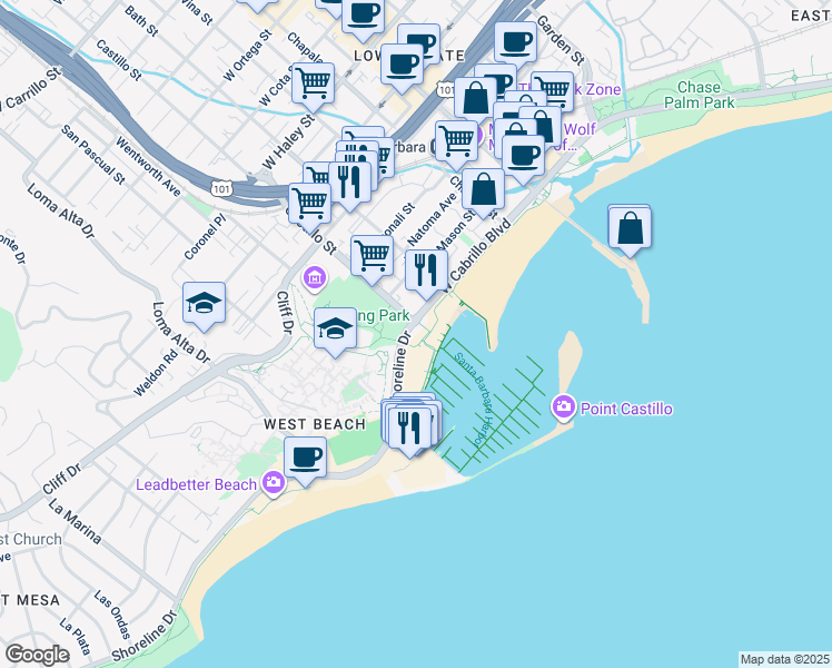 map of restaurants, bars, coffee shops, grocery stores, and more near 401 Shoreline Drive in Santa Barbara