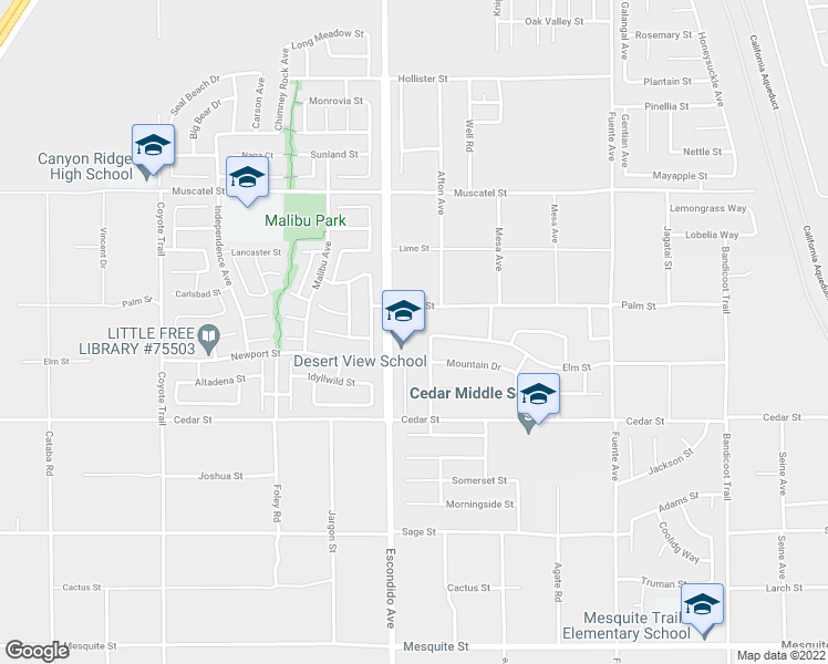 map of restaurants, bars, coffee shops, grocery stores, and more near 8500 Escondido Avenue in Hesperia
