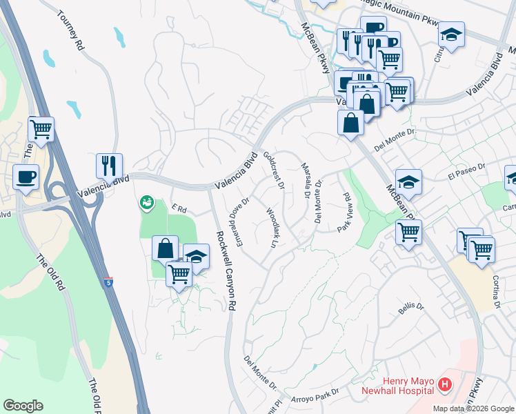 map of restaurants, bars, coffee shops, grocery stores, and more near 26433 Woodlark Lane in Santa Clarita