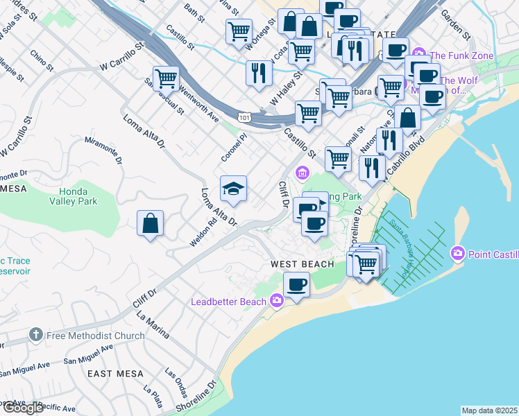 map of restaurants, bars, coffee shops, grocery stores, and more near 203 Ladera Street in Santa Barbara