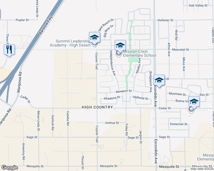 map of restaurants, bars, coffee shops, grocery stores, and more near 12974 Newport Street in Hesperia