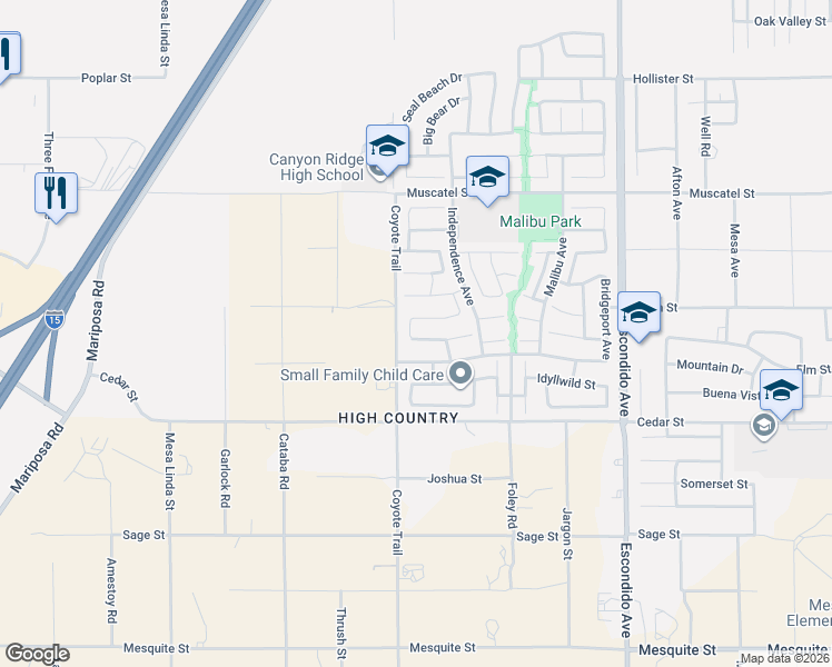 map of restaurants, bars, coffee shops, grocery stores, and more near 12924 Tehachapi Street in Hesperia