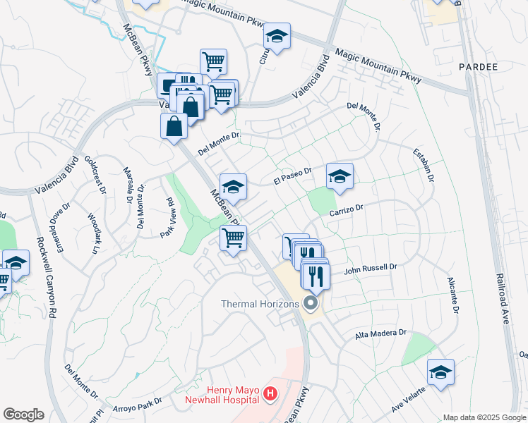 map of restaurants, bars, coffee shops, grocery stores, and more near 23917 Ranney House Court in Santa Clarita