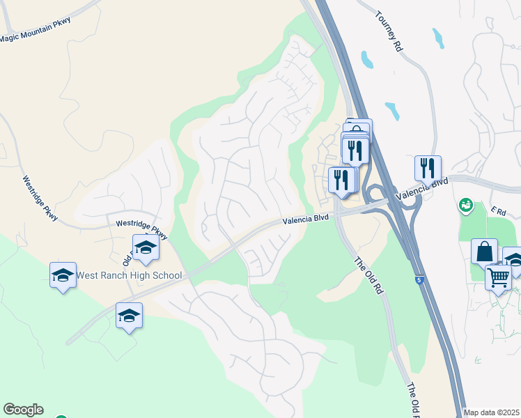 map of restaurants, bars, coffee shops, grocery stores, and more near 26821 Peppertree Drive in Stevenson Ranch