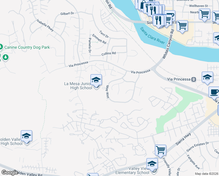 map of restaurants, bars, coffee shops, grocery stores, and more near 19727 Sky View Court in Santa Clarita