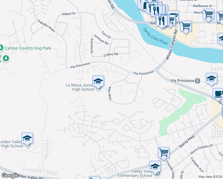 map of restaurants, bars, coffee shops, grocery stores, and more near 19727 Sky View Court in Santa Clarita