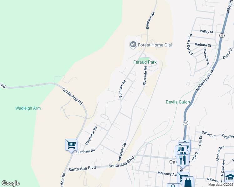 map of restaurants, bars, coffee shops, grocery stores, and more near 401 Burnham Road in Oak View