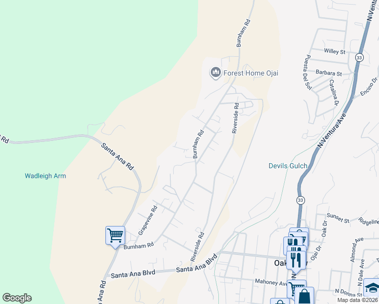 map of restaurants, bars, coffee shops, grocery stores, and more near 419 Burnham Road in Oak View