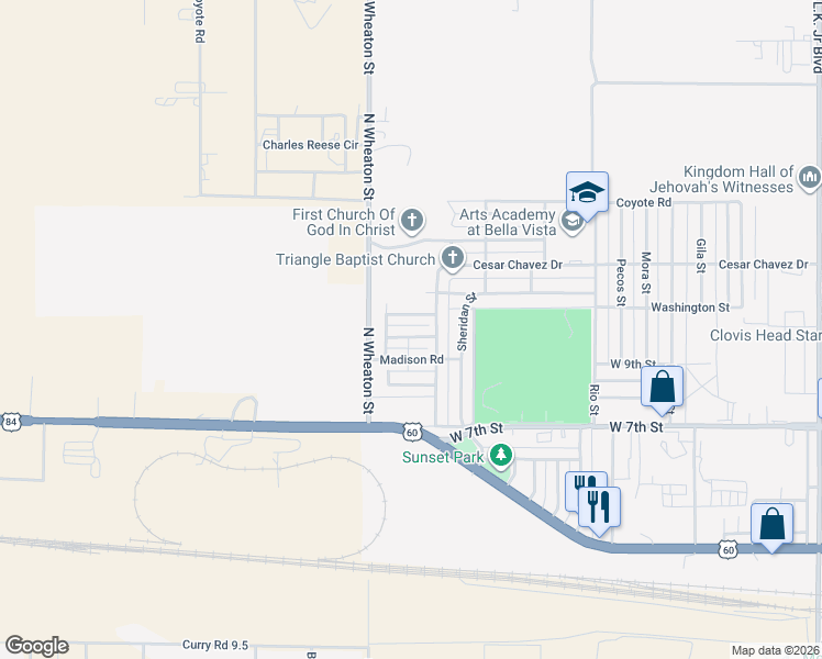map of restaurants, bars, coffee shops, grocery stores, and more near 3824 Buchanan Court in Clovis