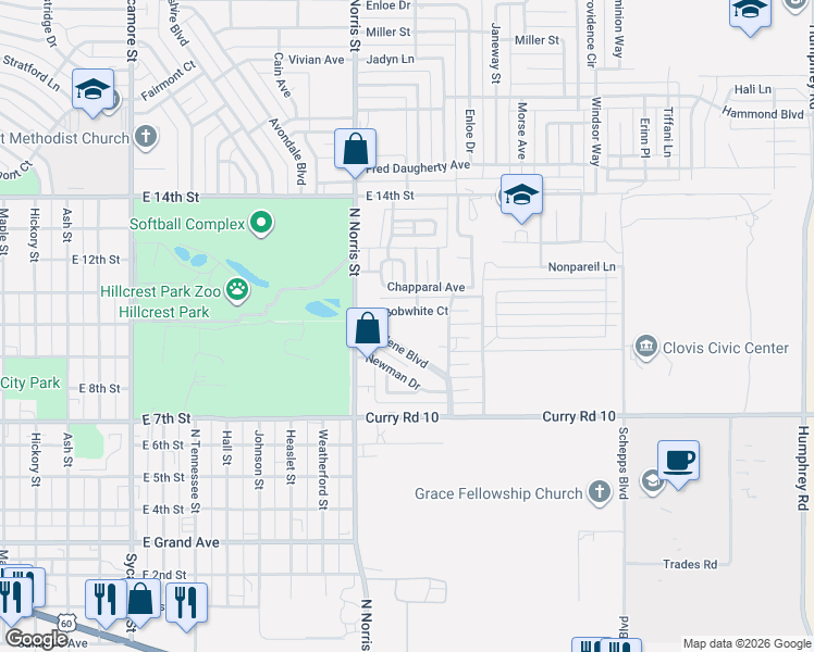 map of restaurants, bars, coffee shops, grocery stores, and more near 2120 Bobwhite Court in Clovis