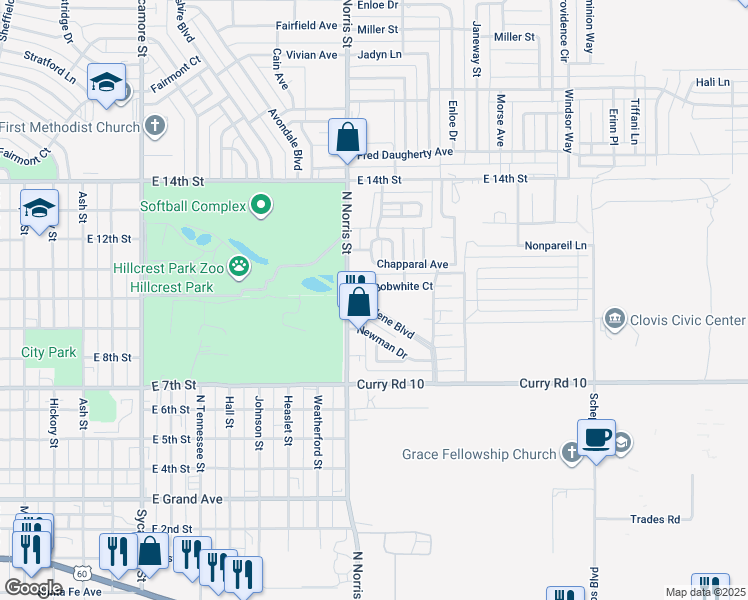 map of restaurants, bars, coffee shops, grocery stores, and more near 2120 Bobwhite Court in Clovis