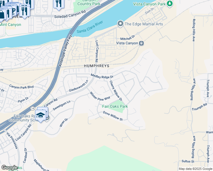 map of restaurants, bars, coffee shops, grocery stores, and more near 27151 Brown Oaks Way in Santa Clarita