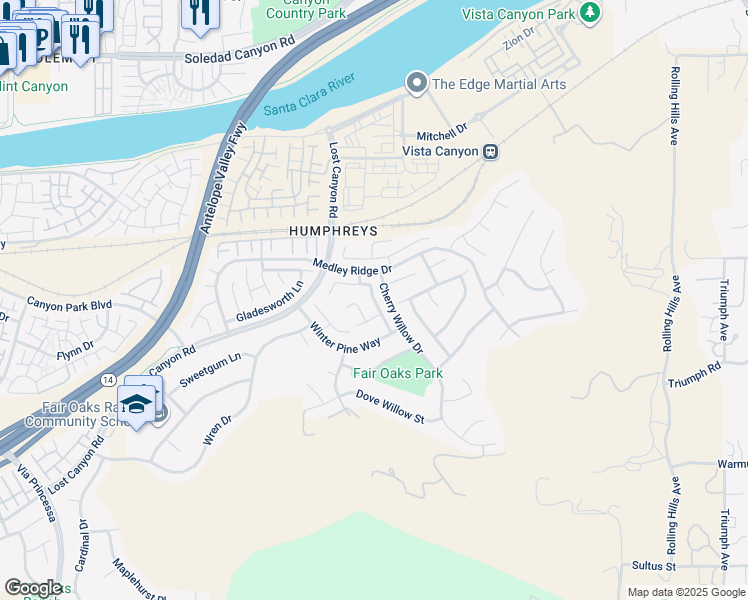 map of restaurants, bars, coffee shops, grocery stores, and more near 27151 Brown Oaks Way in Santa Clarita