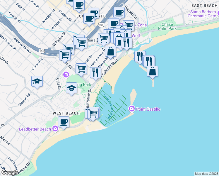 map of restaurants, bars, coffee shops, grocery stores, and more near 401 Shoreline Drive in Santa Barbara