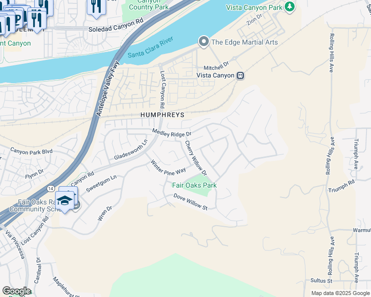 map of restaurants, bars, coffee shops, grocery stores, and more near 27142 Brown Oaks Way in Santa Clarita