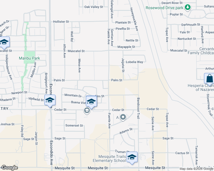 map of restaurants, bars, coffee shops, grocery stores, and more near 8675 Buena Vista Lane in Hesperia