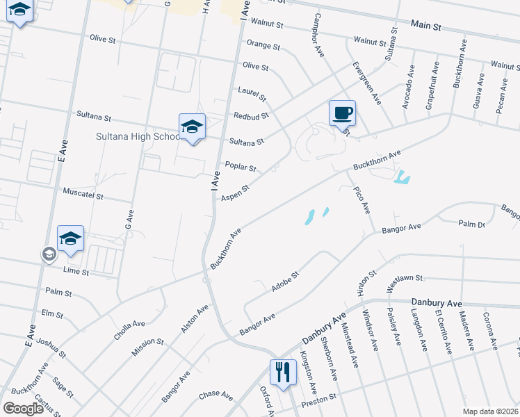 map of restaurants, bars, coffee shops, grocery stores, and more near 17454 Buckthorn Avenue in Hesperia