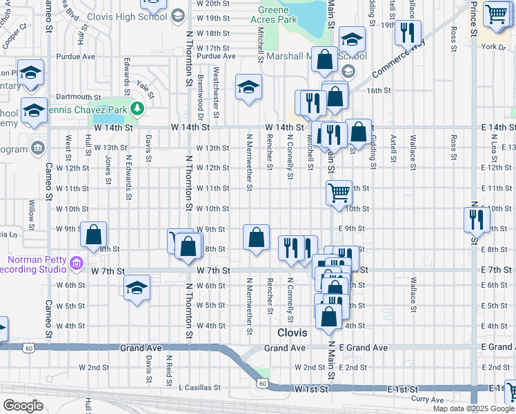 map of restaurants, bars, coffee shops, grocery stores, and more near 412 West 10th Street in Clovis