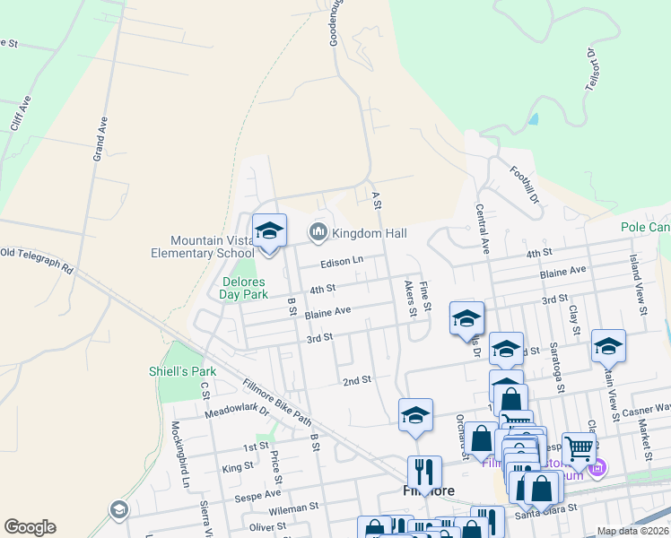 map of restaurants, bars, coffee shops, grocery stores, and more near 770 Edison Lane in Fillmore