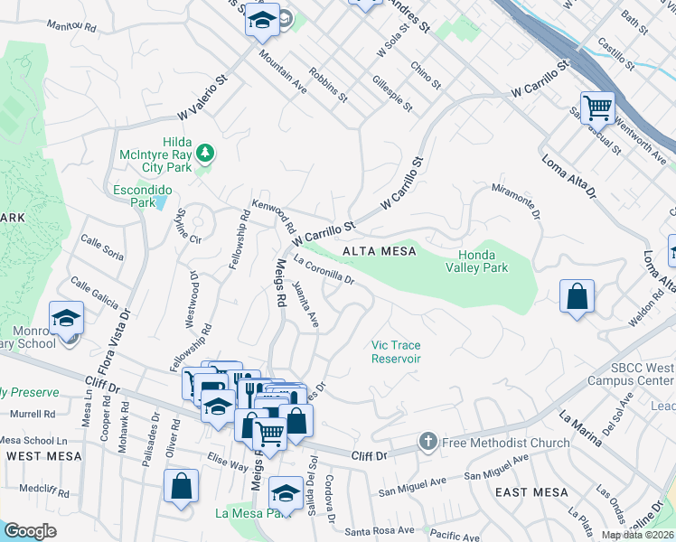 map of restaurants, bars, coffee shops, grocery stores, and more near 1205 Miracanon Lane in Santa Barbara
