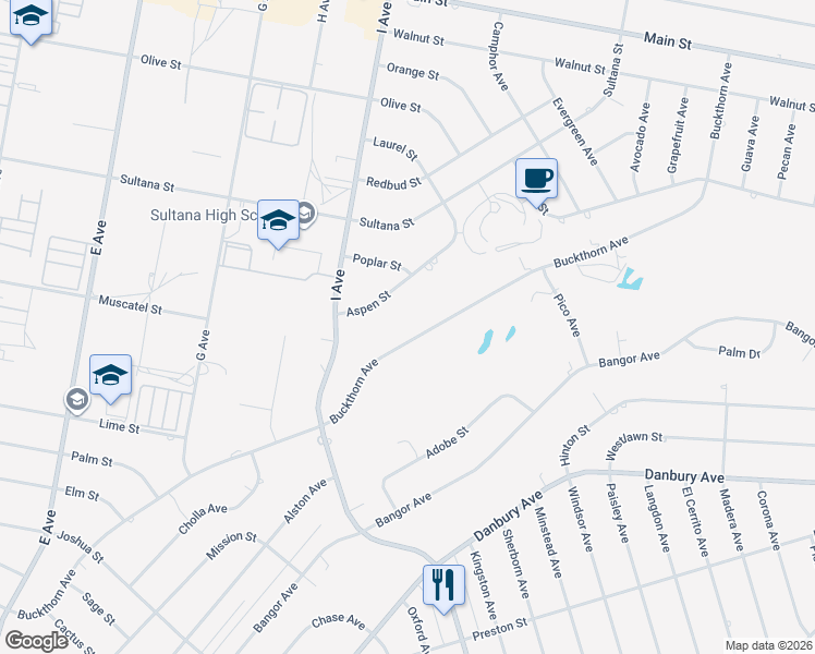 map of restaurants, bars, coffee shops, grocery stores, and more near 17454 Buckthorn Avenue in Hesperia