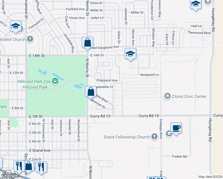 map of restaurants, bars, coffee shops, grocery stores, and more near 2200 Bobwhite Court in Clovis