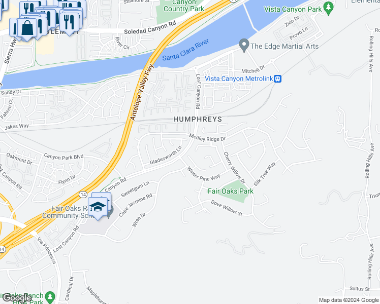 map of restaurants, bars, coffee shops, grocery stores, and more near 27176 Cherry Laurel Place in Santa Clarita