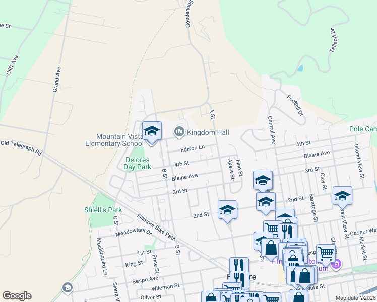 map of restaurants, bars, coffee shops, grocery stores, and more near 770 Edison Lane in Fillmore