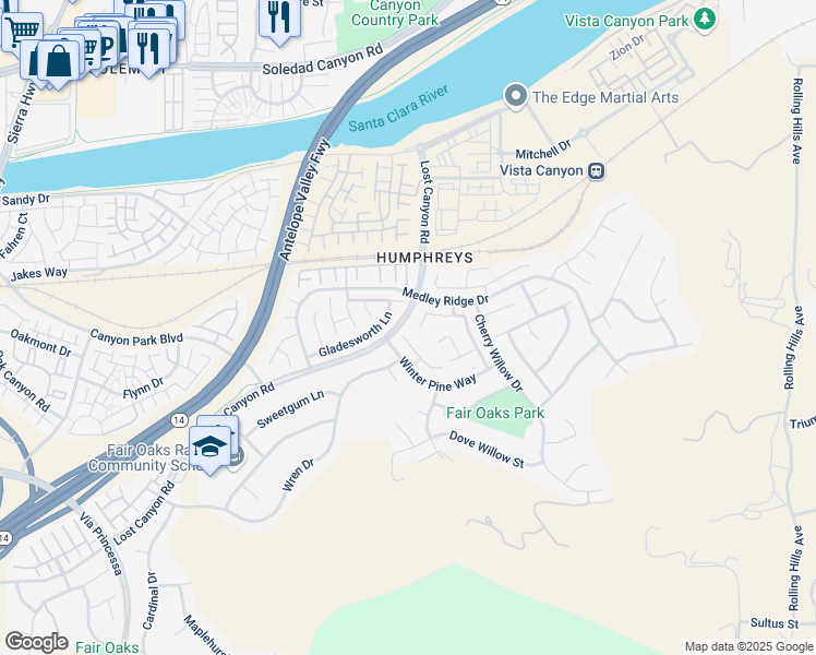 map of restaurants, bars, coffee shops, grocery stores, and more near 27176 Cherry Laurel Place in Santa Clarita