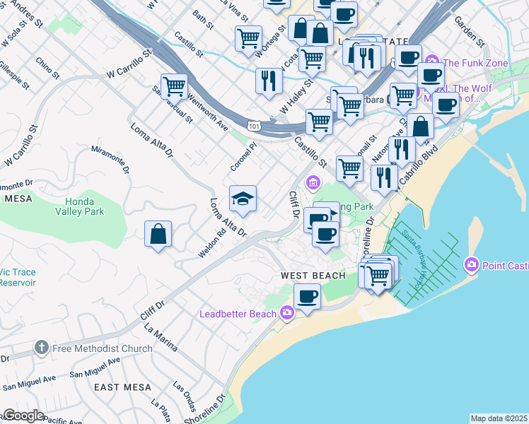 map of restaurants, bars, coffee shops, grocery stores, and more near 535 West Montecito Street in Santa Barbara