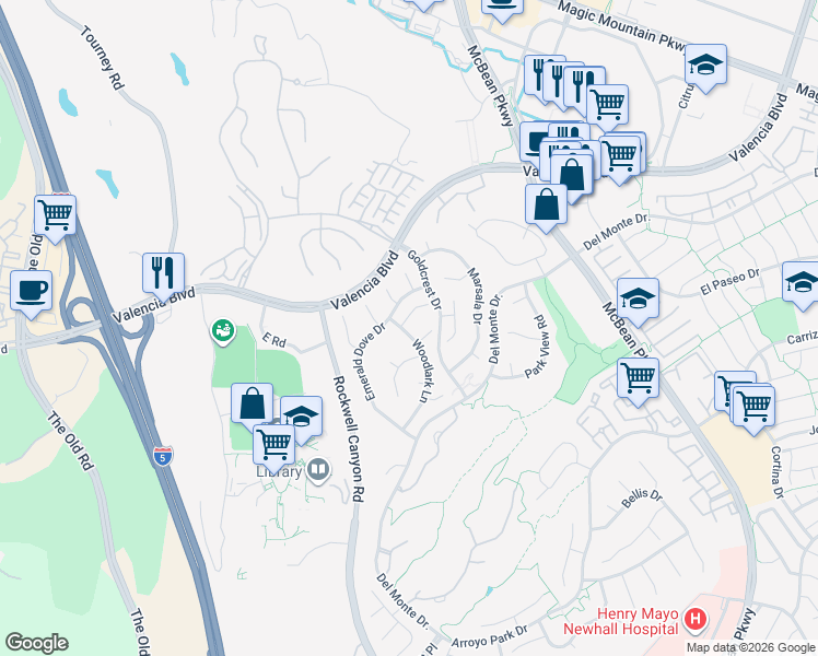 map of restaurants, bars, coffee shops, grocery stores, and more near 24486 Stonechat Court in Santa Clarita