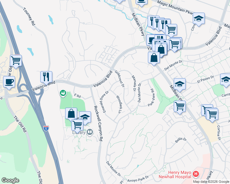 map of restaurants, bars, coffee shops, grocery stores, and more near 24486 Stonechat Court in Santa Clarita
