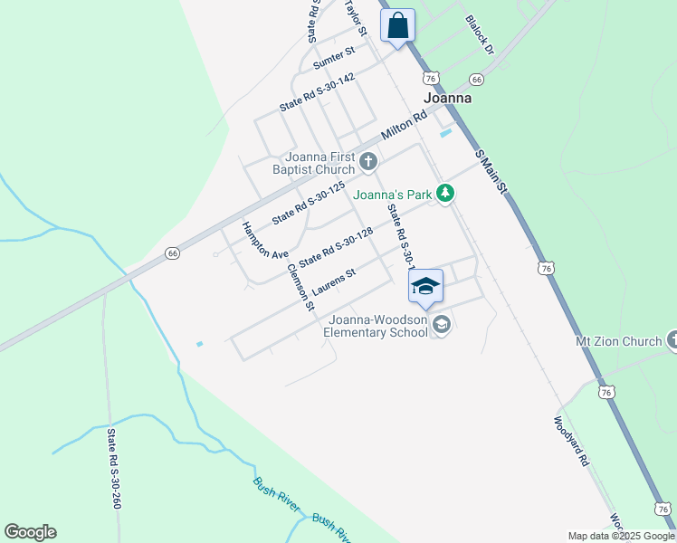 map of restaurants, bars, coffee shops, grocery stores, and more near 308 Laurens Street in Joanna