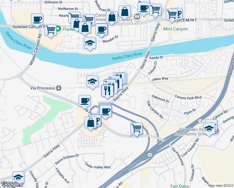 map of restaurants, bars, coffee shops, grocery stores, and more near 27125 Sierra Highway in Santa Clarita