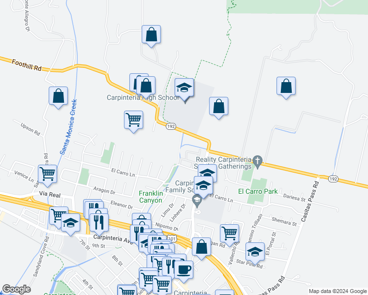 map of restaurants, bars, coffee shops, grocery stores, and more near 1555 Meadow Circle in Carpinteria