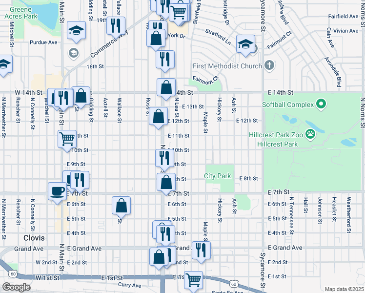 map of restaurants, bars, coffee shops, grocery stores, and more near 1016 North Oak Street in Clovis