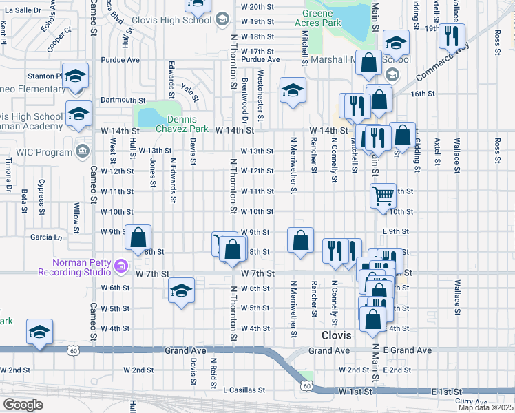map of restaurants, bars, coffee shops, grocery stores, and more near 620 West 10th Street in Clovis