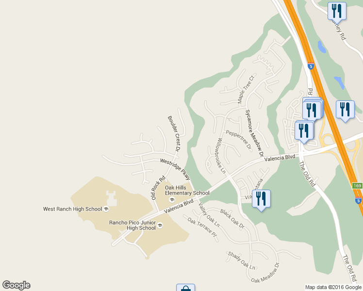 map of restaurants, bars, coffee shops, grocery stores, and more near 26850 Boulder Crest Drive in Los Angeles County