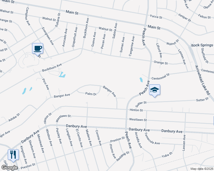 map of restaurants, bars, coffee shops, grocery stores, and more near Bangor Avenue in Hesperia