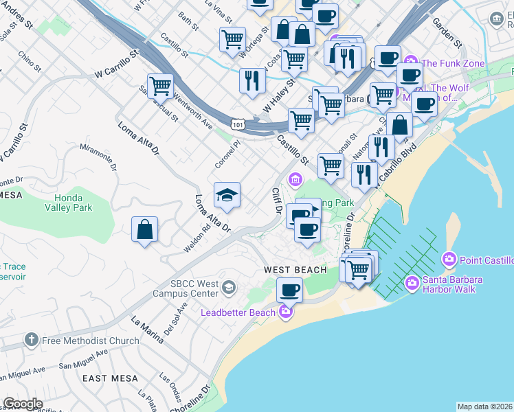 map of restaurants, bars, coffee shops, grocery stores, and more near West Montecito Street & Ladera Street in Santa Barbara