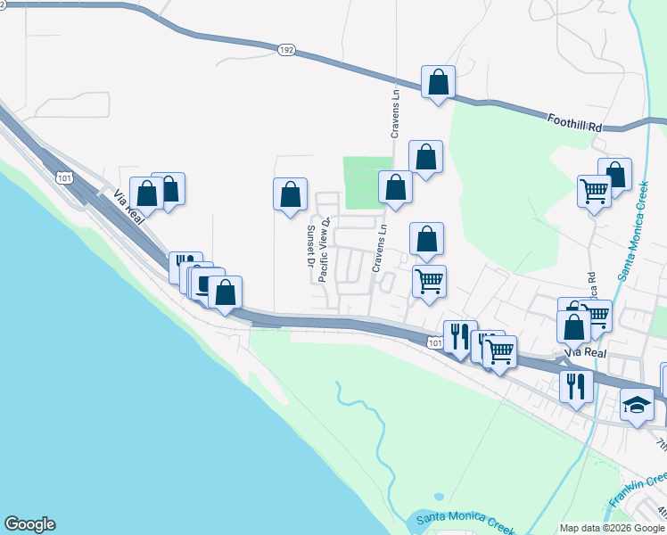 map of restaurants, bars, coffee shops, grocery stores, and more near 3950 Via Real in Carpinteria