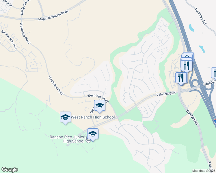 map of restaurants, bars, coffee shops, grocery stores, and more near 26850 Boulder Crest Drive in Los Angeles County