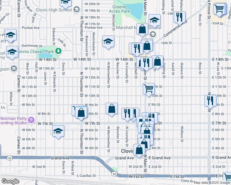 map of restaurants, bars, coffee shops, grocery stores, and more near 1006 Rencher Street in Clovis